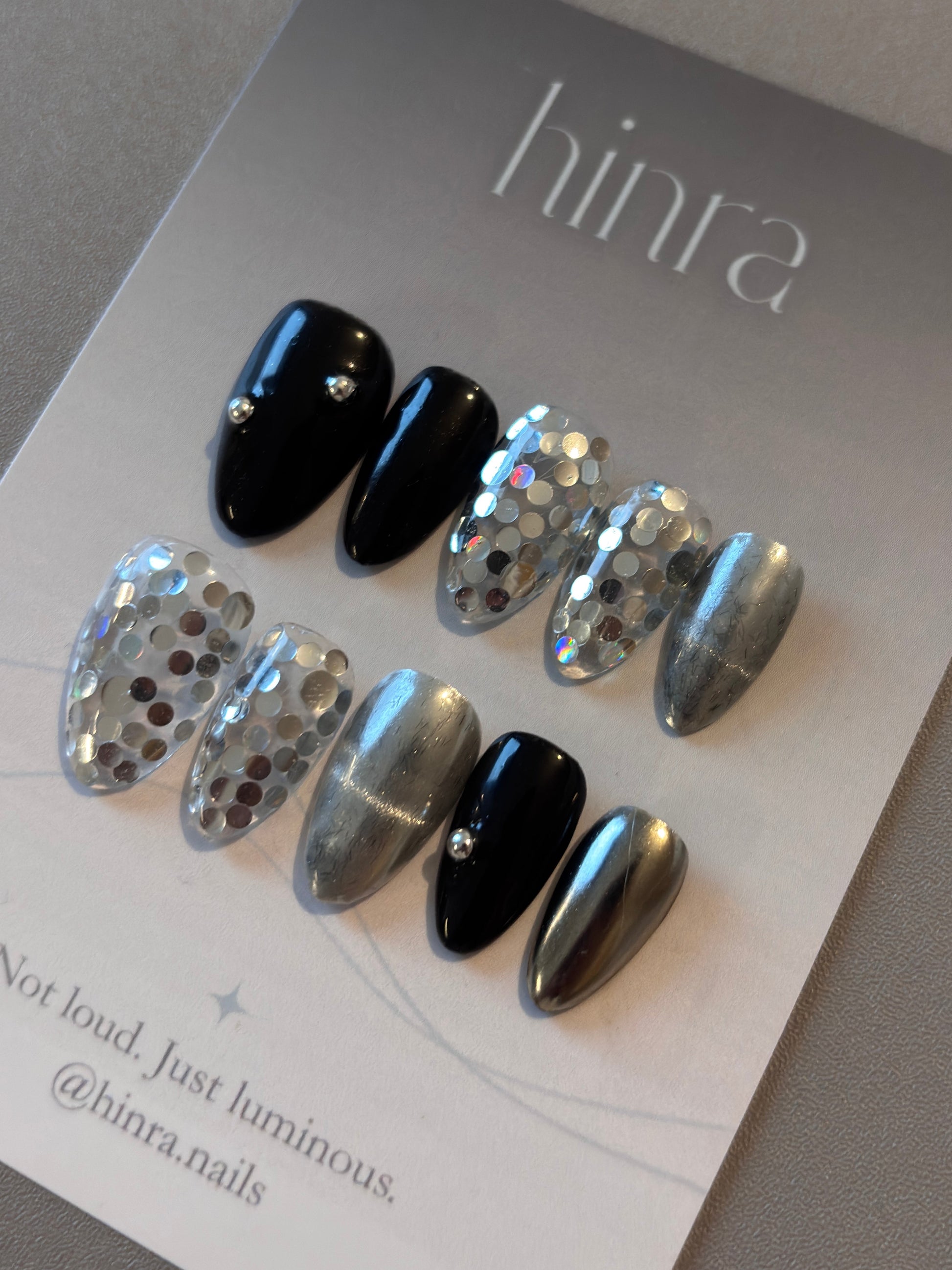 black press-on nails with silver shimmer reflection – UK handmade nails